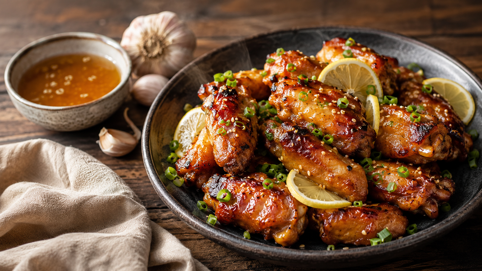 Alitas de pollo crujientes al horno con miel, limón y ajo