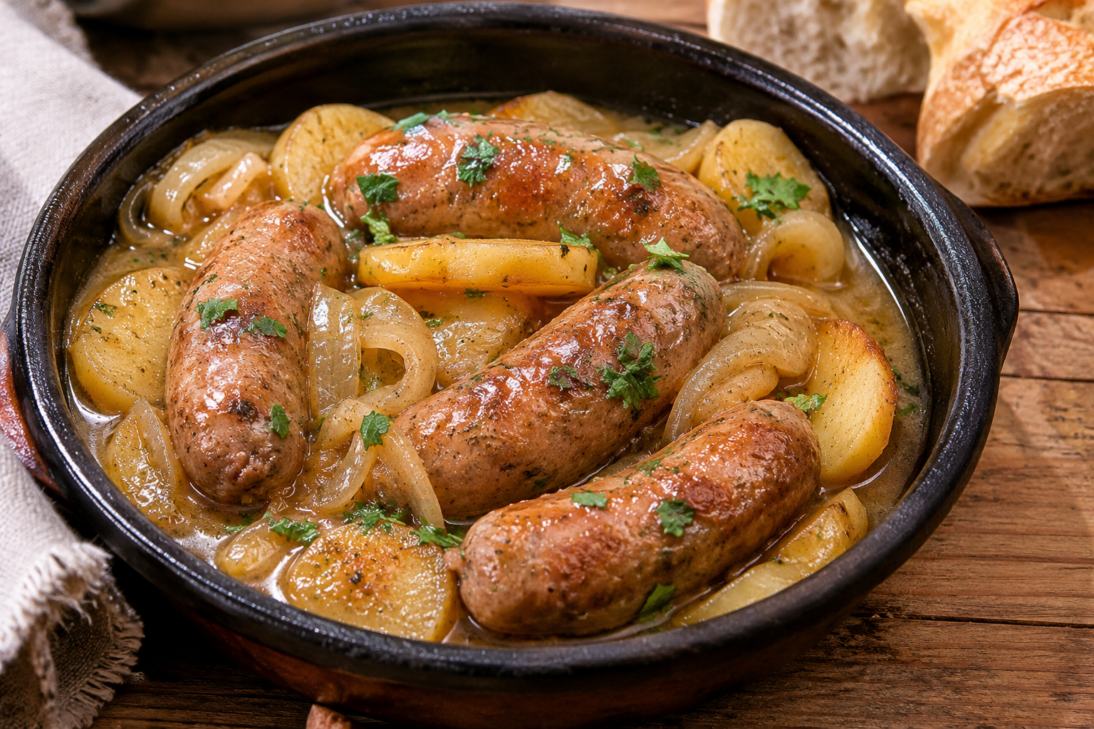Salchichas de cerdo al vino blanco con patatas panaderas