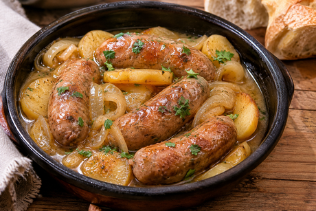 Salchichas de cerdo al vino blanco con patatas panaderas
