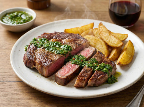 Entrecot de ternera a la plancha con chimichurri casero y patatas gajo