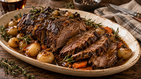 Asado de falda de ternera a baja temperatura con cerveza tostada y cebollitas glaseadas