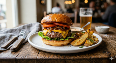 Hamburguesa gourmet de ternera con cheddar y cebolla caramelizada