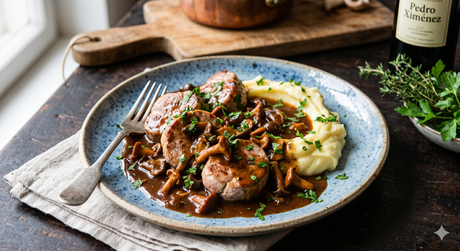 Solomillo de cerdo en salsa cremosa de setas y Pedro Ximénez