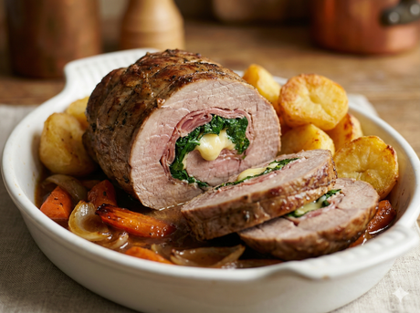 Redondo de ternera relleno de jamón y espinacas al horno