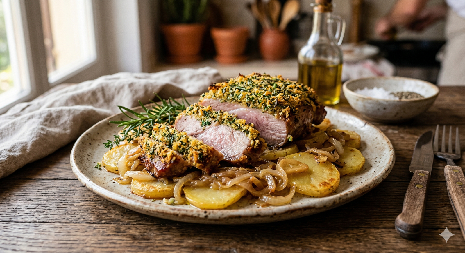 Secreto de cerdo ibérico al horno con costra de hierbas y patatas panadera
