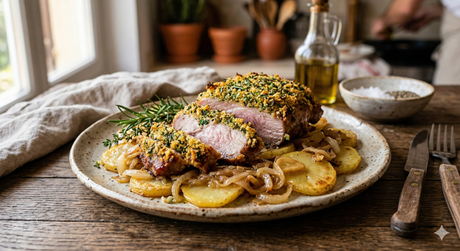 Secreto de cerdo ibérico al horno con costra de hierbas y patatas panadera