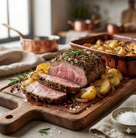 Presa ibérica al horno con costra de hierbas y patatas panadera