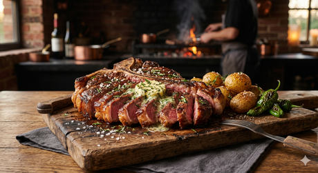 Chuletón de vaca madurada a la brasa con mantequilla de ajo asado y hierbas