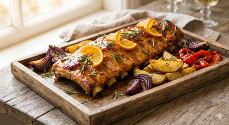 Costillar de cerdo al horno lacado con miel, naranja y romero manzana, ciruelas y salsa de miel y mostaza