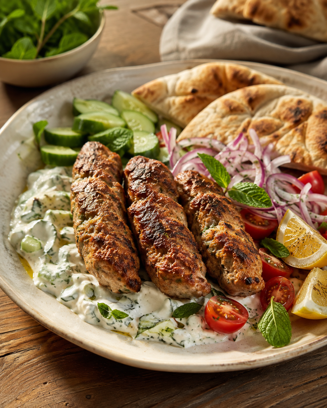 Koftas de pollo de corral con salsa de yogur, pepino y hierbabuena