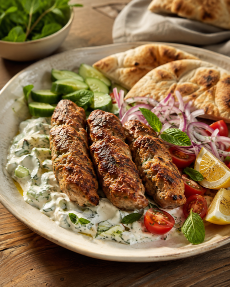 Koftas de pollo de corral con salsa de yogur, pepino y hierbabuena