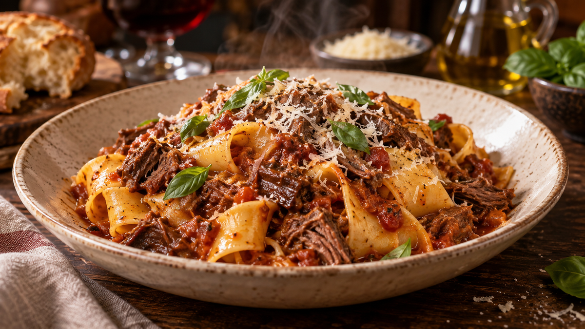 Pappardelle con ragú de ternera al vino tinto