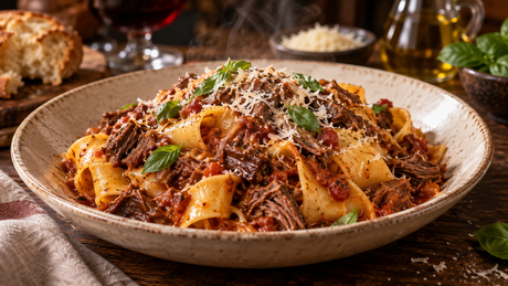 Pappardelle con ragú de ternera al vino tinto