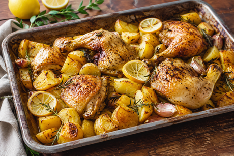Pollo al horno con patatas, limón y hierbas: una receta fácil, jugosa y familiar