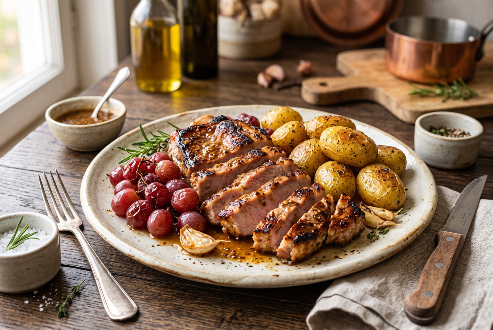 Secreto ibérico al horno con uvas, mostaza y romero
