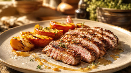 Presa ibérica a la plancha con melocotón caramelizado y salsa de mostaza y miel