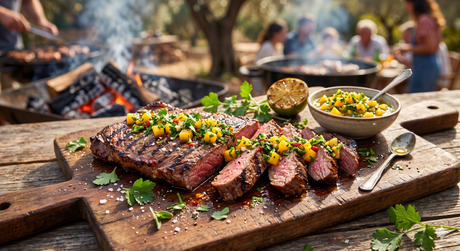Entraña a la barbacoa con chimichurri de mango y lima